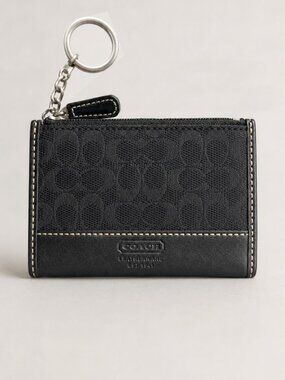 Coach Signature Jacquard Zip Card Case Key Pouch Black Vintage Y2K EUC